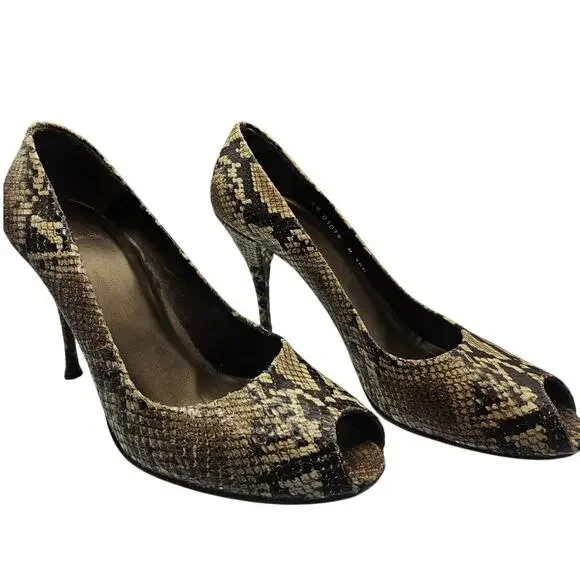 Stuart Weitzman Snakeskin Heels Brown Cream 4" Heel Sz 10.5M - Picture 2 of 10